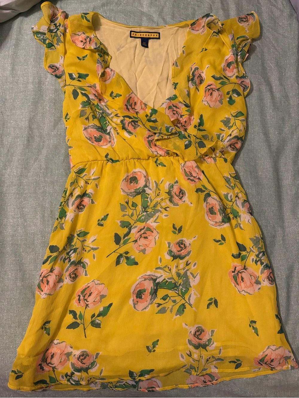 Prince & Fox Yellow Floral Mini Dress with Pink Rose Print size Small